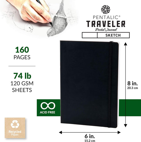 Pentalic 6" x 8" Pocket Sketchbook Traveler Journal, 160 Pages, Black