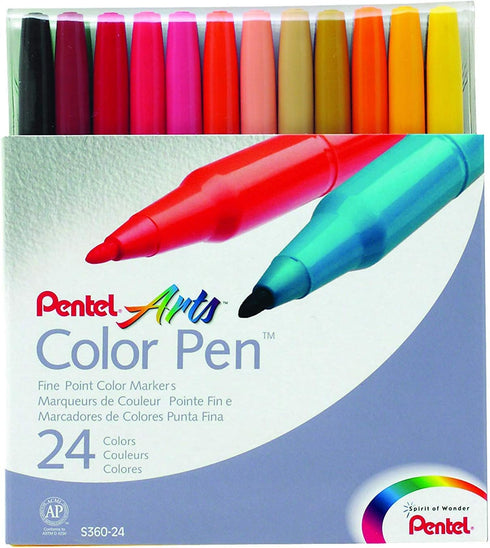 PENTEL COLOR MARKER SET, FINE FIBER TIP, ASSORTED COLORS, SET OF 24