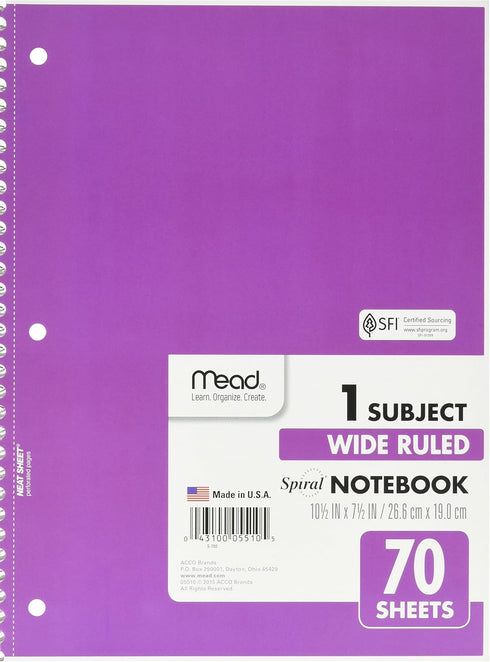 1 SUBJECT 70 SHT WIDE RULE