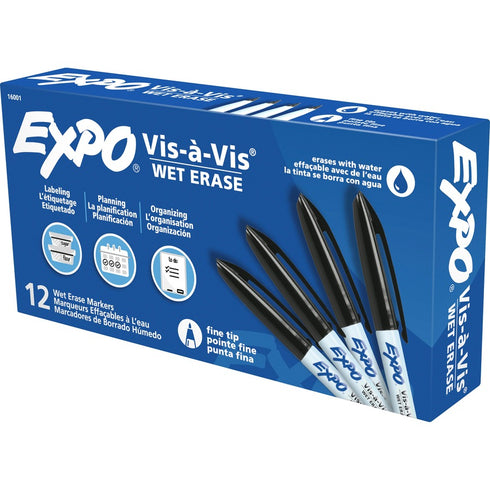 EXPO® Vis-A-Vis® Wet-Erase Fine-Tip Markers, Black, Box Of 12