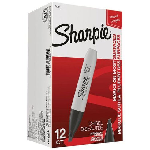 SHARPIE BLACK PERMANENT MARKER CHISEL MEDIUM TIP, AP NONTOXIC INK 12PK