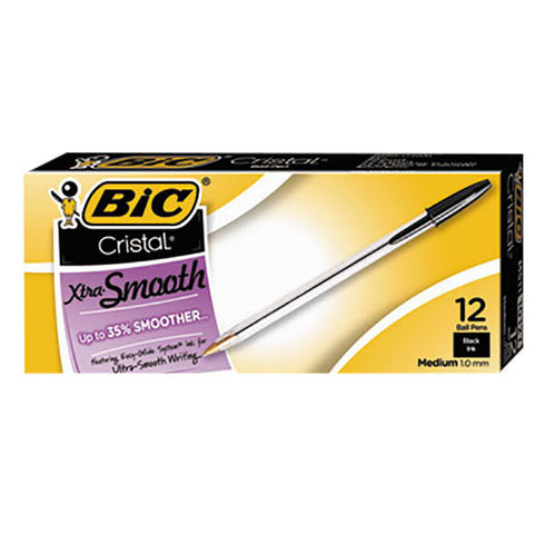 Bic MS11BK Black Medium Point 1mm Cristal Xtra Smooth Ballpoint Stick Pen - 12