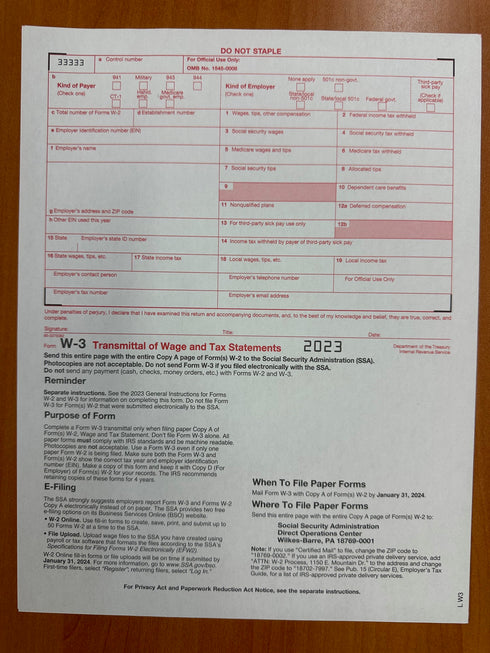 W-3 Tax Form, 2-Pt Form With C