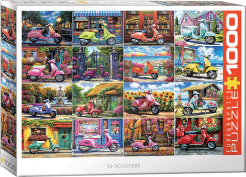 EUROGRAPHICS 16 SCOOTERS 1000 PIECE JIGSAW PUZZLE - BIGELOW ILLUSTRATIONS