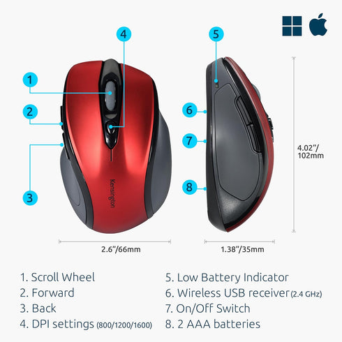 KENSINGTON PRO FIT MID-SIZE WIRELESS MOUSE, RUBY RED (K72422AM)