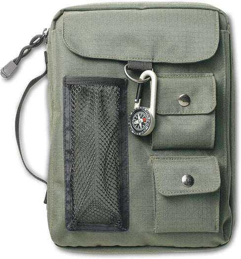 GREEN COMPASS MEDIUM BIBLE COVER NYLON ZIPPERED W/ HANDLE