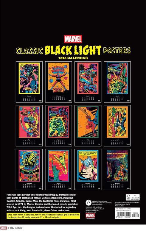MARVEL CLASSIC BLACK LIGHT 2026 POSTER CALENDAR WITH 12 FRAMEABLE PRINTS