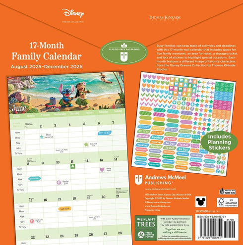 DISNEY DREAMS BY THOMAS KINKADE STUDIOS 17-MONTH 2025-2026 FAMILY WALL CALENDAR