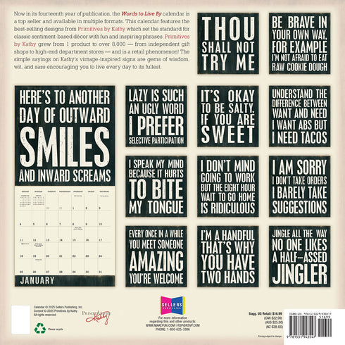 2026 WORDS TO LIVE BY 12X12 WALL CALENDAR - PRIMITIVES BY KATHY