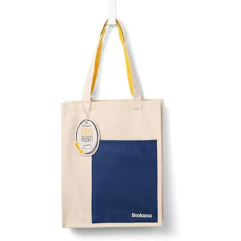 BOOKAROO COTTON TOTE WITH NAVY POCKET AND YELLOW HANDLE