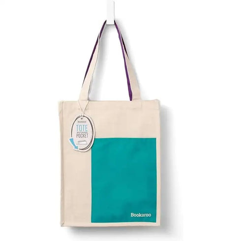 BOOKAROO COTTON TOTE WITH TURQUOISE POCKET & PURPLE HANDLE