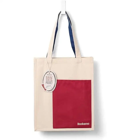 BOOKAROO COTTON TOTE WITH RED POCKET & NAVY HANDLE