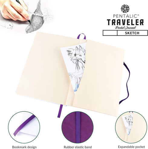 Pentalic 6" x 8" Pocket Sketchbook Traveler Journal, 160 Pages, Purple