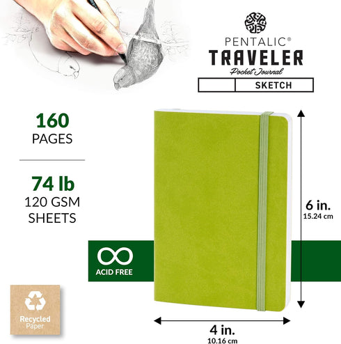 Pentalic 4" x 6" Pocket Sketchbook Traveler Journal, 160 Pages, Olive Green