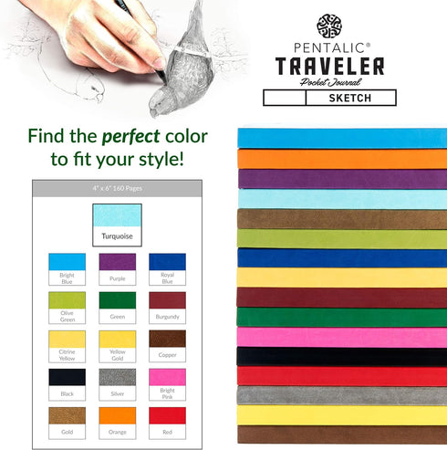 PENTALIC 4" X 6" POCKET SKETCHBOOK TRAVELER JOURNAL, 160 PAGES, TURQUOISE