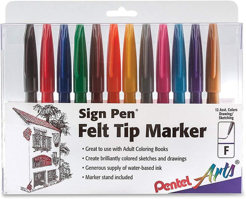 PENTEL FELT TIP SIGN PEN, SET OF 12 ASSORTED COLORS