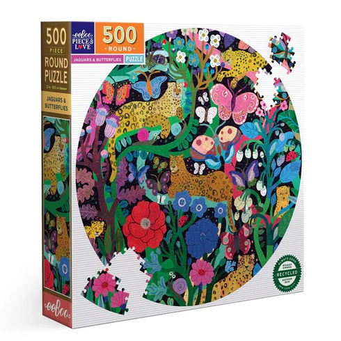 EEBOO JAGUARS & BUTTERFLIES 500 PIECE ROUND JIGSAW PUZZLE