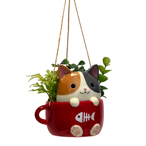 CAT IN CUP HANGING PLANTER