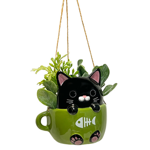 CAT IN CUP HANGING PLANTER