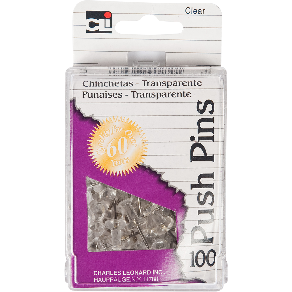 Charles Leonard Inc. Push Pins, Clear, 100/Box (200-Cl) 001-17163