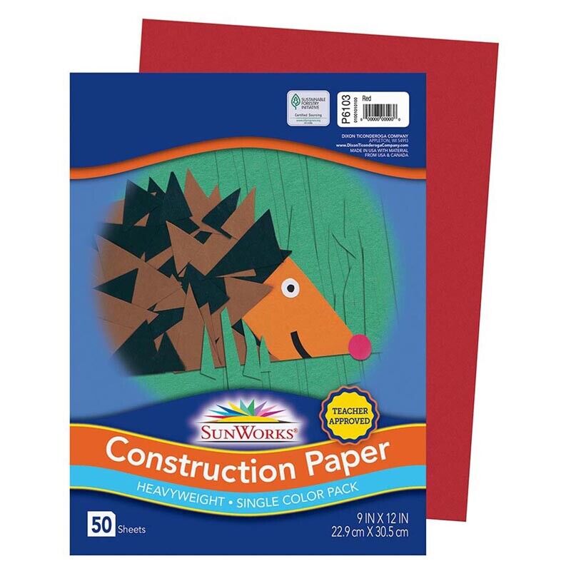 Sunworks® Construction Paper, 58 Lbs., 9 X 12, Red, 50 Sheets/Pac 141-584