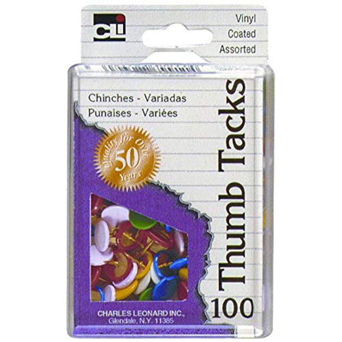 Charles Leonard Thumb Tacks In Reusable Box, Vinyl Coated, 100-Pack, Assorted 154182_e5338115-2ed3-4266-b102-79a17f492540