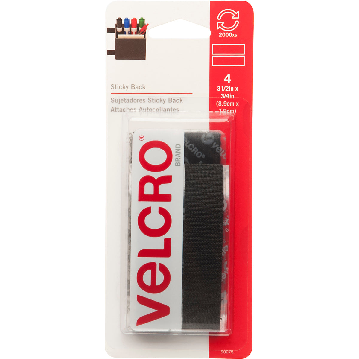 Velcro Brand Sticky Back Tape .75"X3.5" 4/Pkg-Black 154484