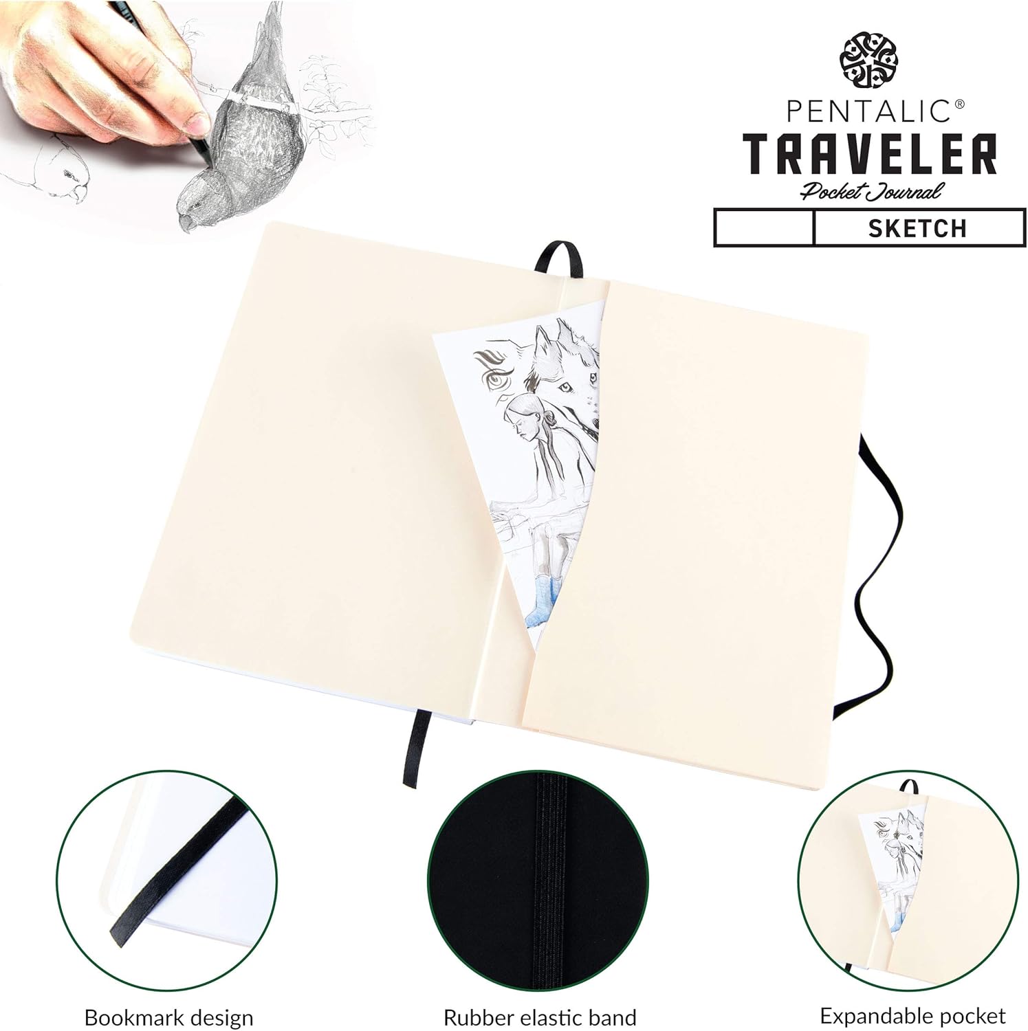 Pentalic 6" X 8" Pocket Sketchbook Traveler Journal, 160 Pages, Black 160285_3