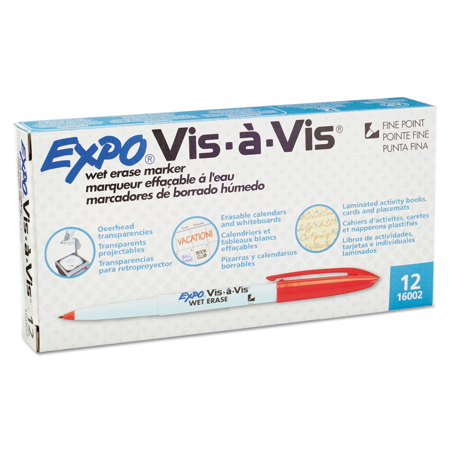Vis-a-Vis Wet Erase Marker, Fine Bullet Tip, Red, Dozen 186-419