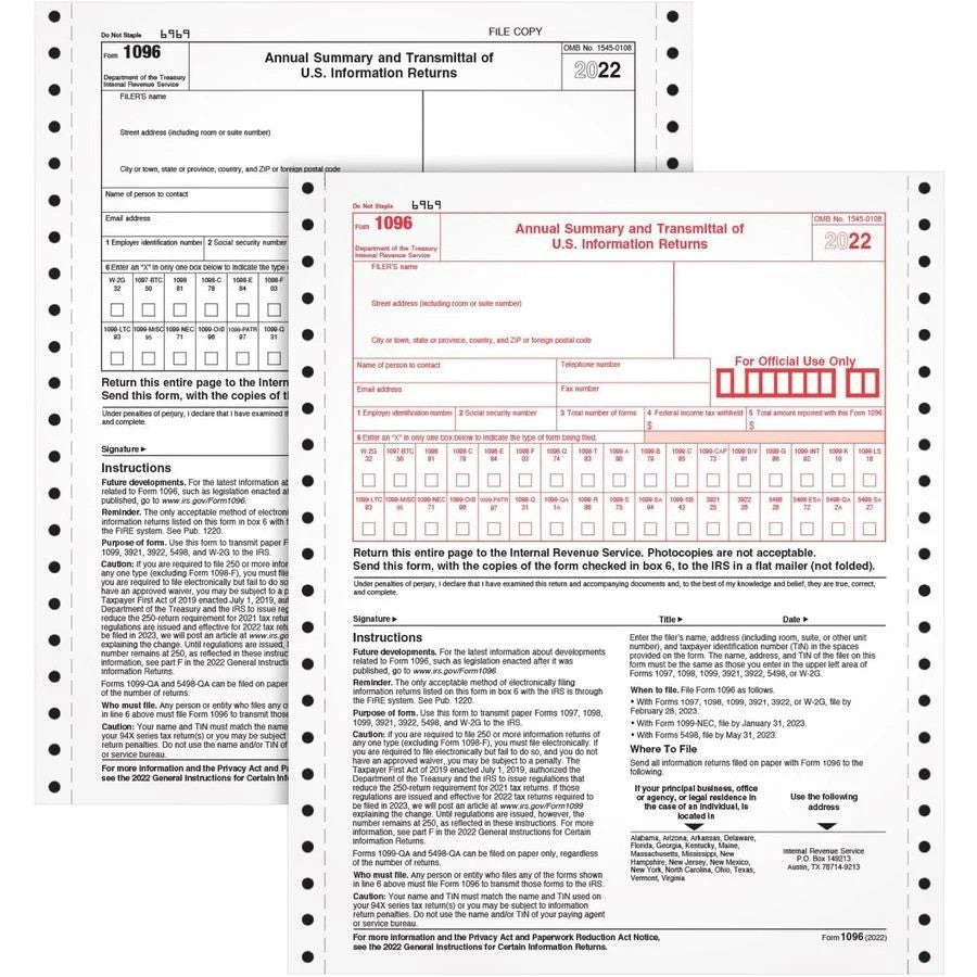 1096 TAX FORM - 2 PART CARBONLESS COPY - 8.50" X 11" SHEET SIZE 197-700