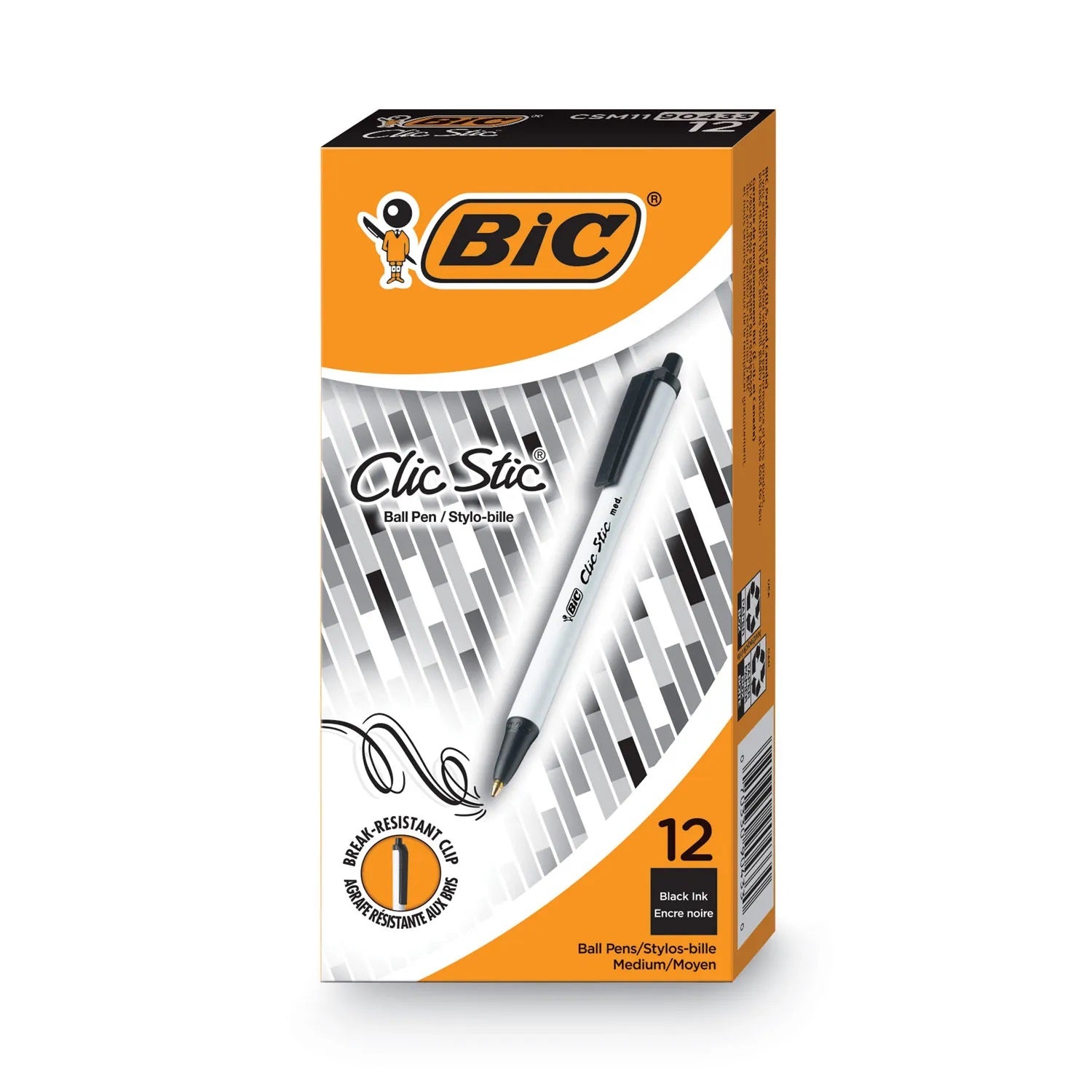 Clic Stic Ballpoint Pen, Retractable, Medium 1 mm, Black Ink, White Barrel, Doze 222-275