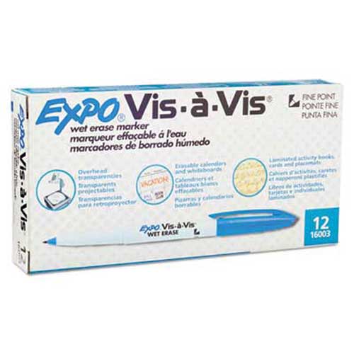 EXPO Vis-à-Vis Wet-Erase Marker, Fine Point, Blue, Dozen 251-994