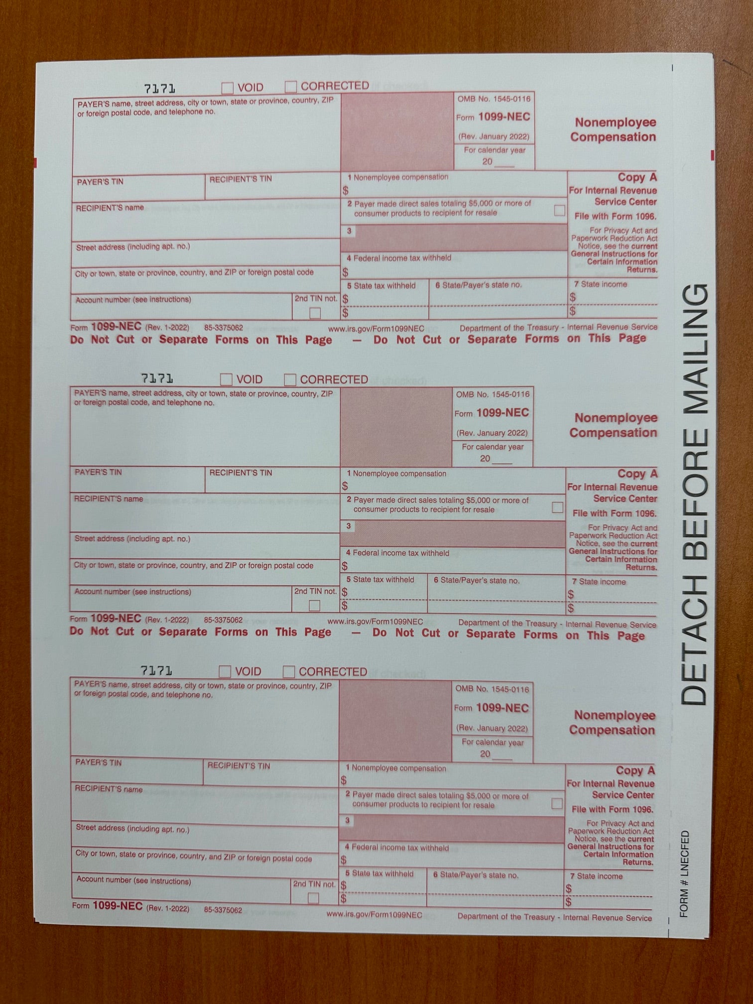 5-PART 1099-NEC TAX FORMS 311-683