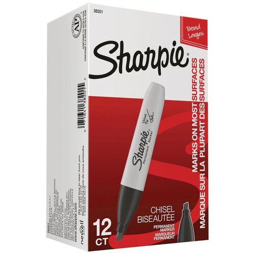 SHARPIE BLACK PERMANENT MARKER CHISEL MEDIUM TIP, AP NONTOXIC INK 12PK 490-523