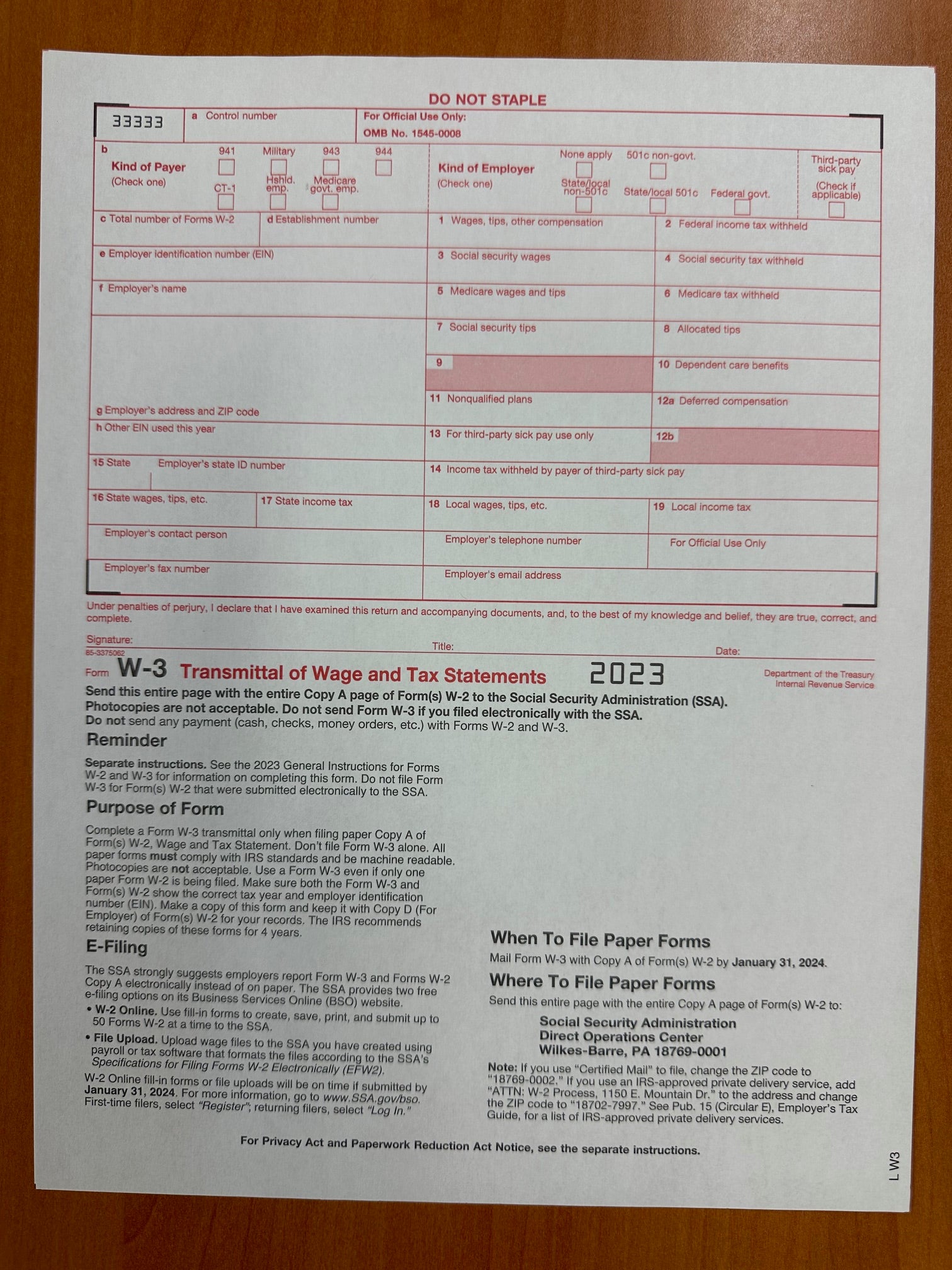 W-3 TAX FORM, 2-PT FORM WITH C 591-332