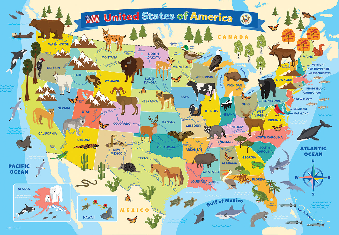 Eurographics Illustrated Map Of The United States Of America 100 Piece Puzzle 6100-5553
