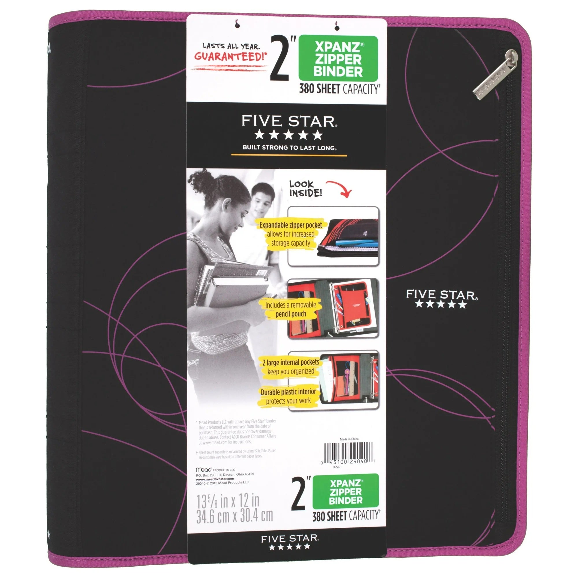 Five Star Xpanz 2" Zipper Binder, 380 Sheet Capacity, Assorted Colors (29040) 957-165_7