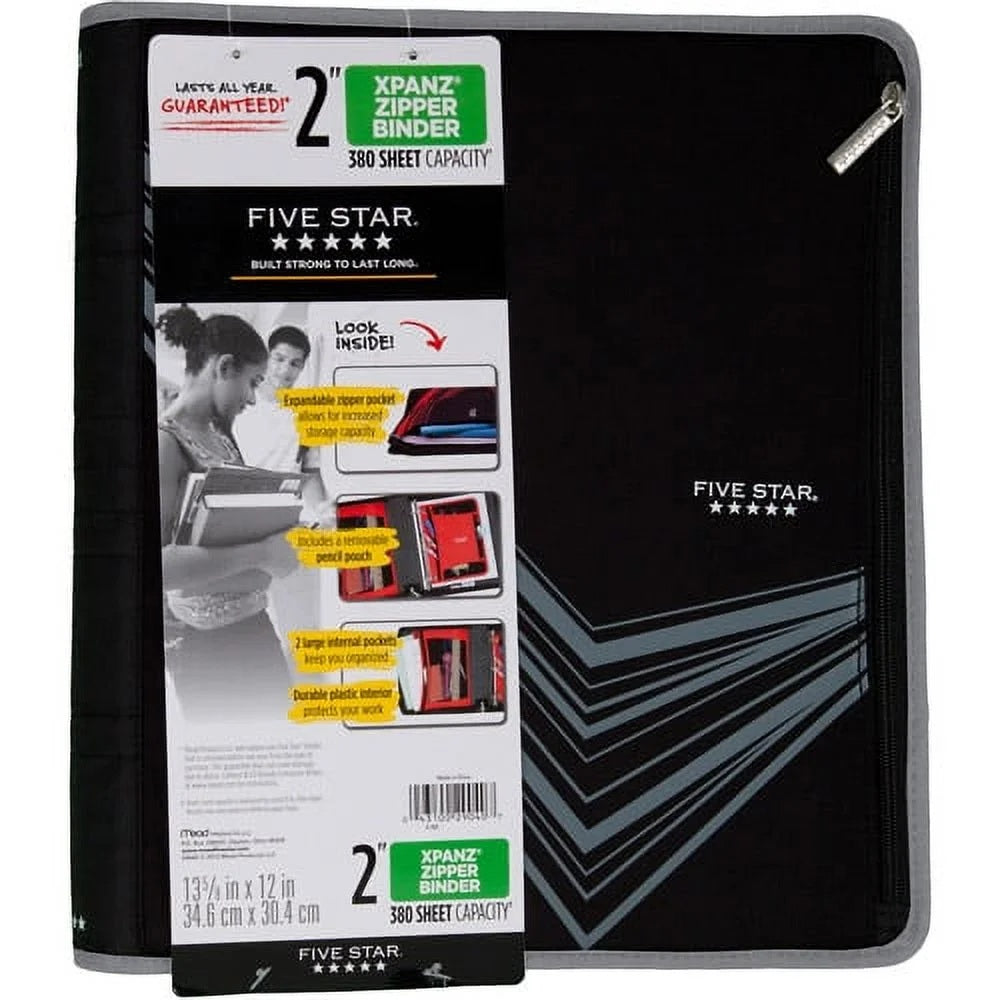 Five Star Xpanz 2" Zipper Binder, 380 Sheet Capacity, Assorted Colors (29040) 957-165_be2d5aa3-c28f-4c3e-b0bd-afc8709cb025