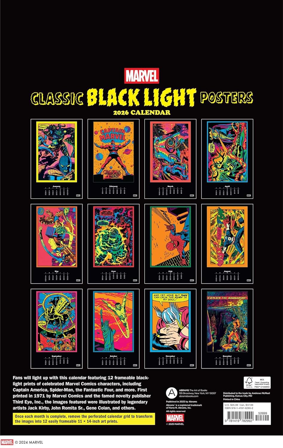 Marvel Classic Black Light 2026 Poster Calendar With 12 Frameable Prints 9781419782992_1