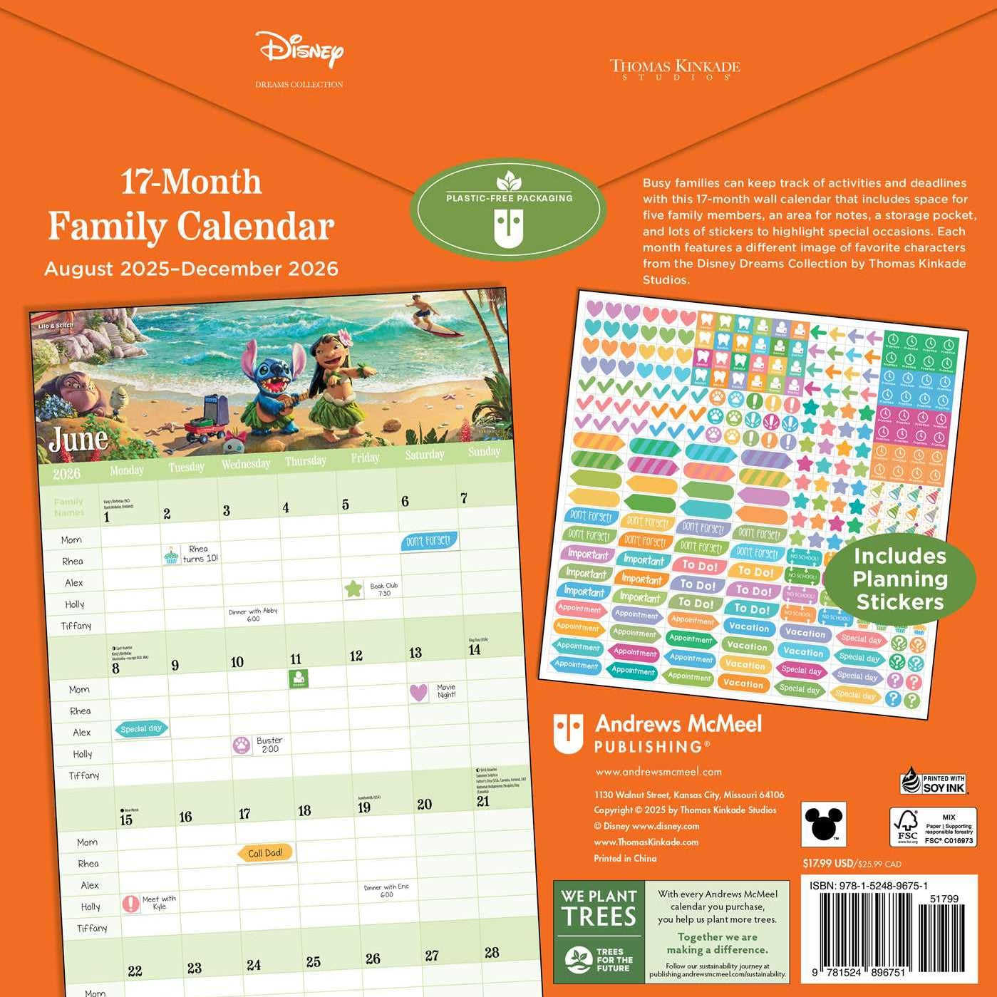 Disney Dreams By Thomas Kinkade Studios 17-Month 2025-2026 Family Wall Calendar 9781524896751_1