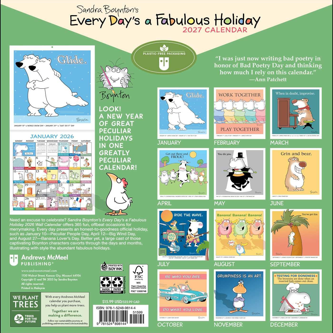 Sandra Boynton's Every Day's A Fabulous Holiday 2026 Wall Calendar 9781524898144_1