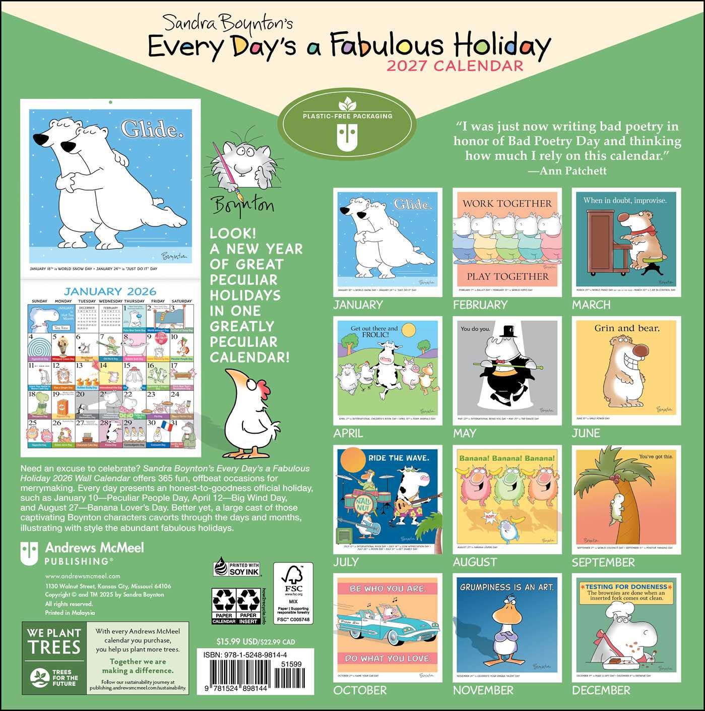 Sandra Boynton's Every Day's A Fabulous Holiday 2026 Wall Calendar 9781524898144_1