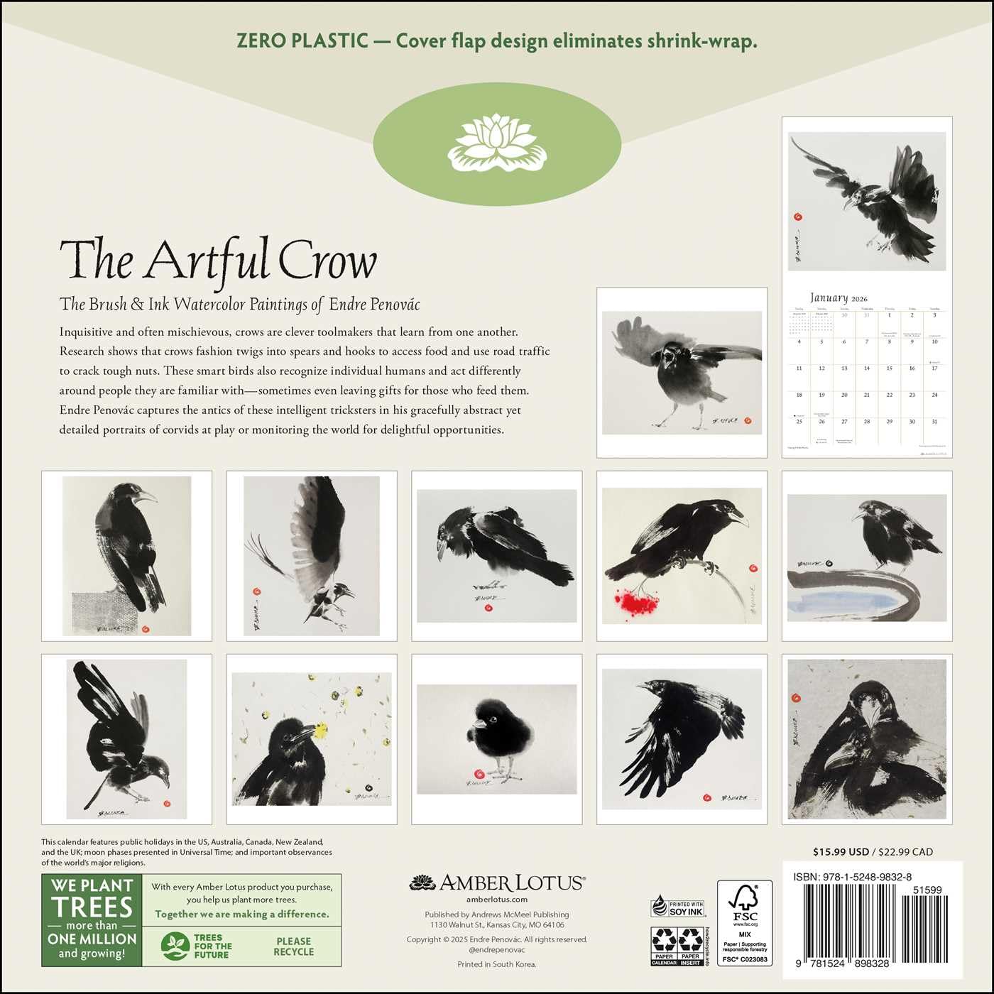 The Artful Crow 2026 Wall Calendar: Brush & Ink Watercolor Paintings 9781524898328_1