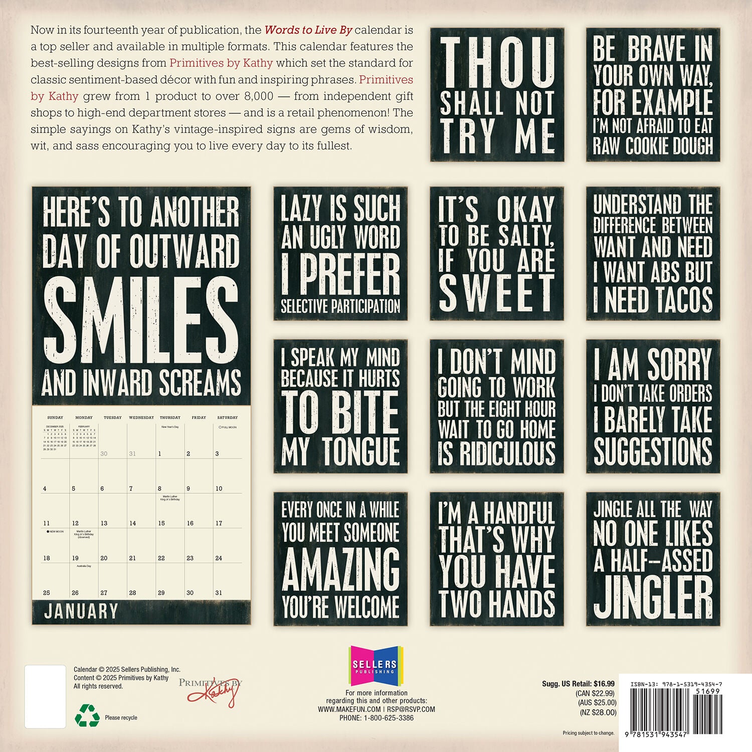 2026 Words To Live By 12X12 Wall Calendar - Primitives By Kathy 9781531943547_21a2c324-6fb4-42d5-b9f2-7f1b942afa02