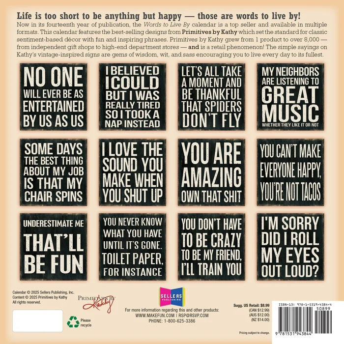 2026 Words To Live By 7X7 Mini Wall Calendar - Primitives By Kathy 9781531943844