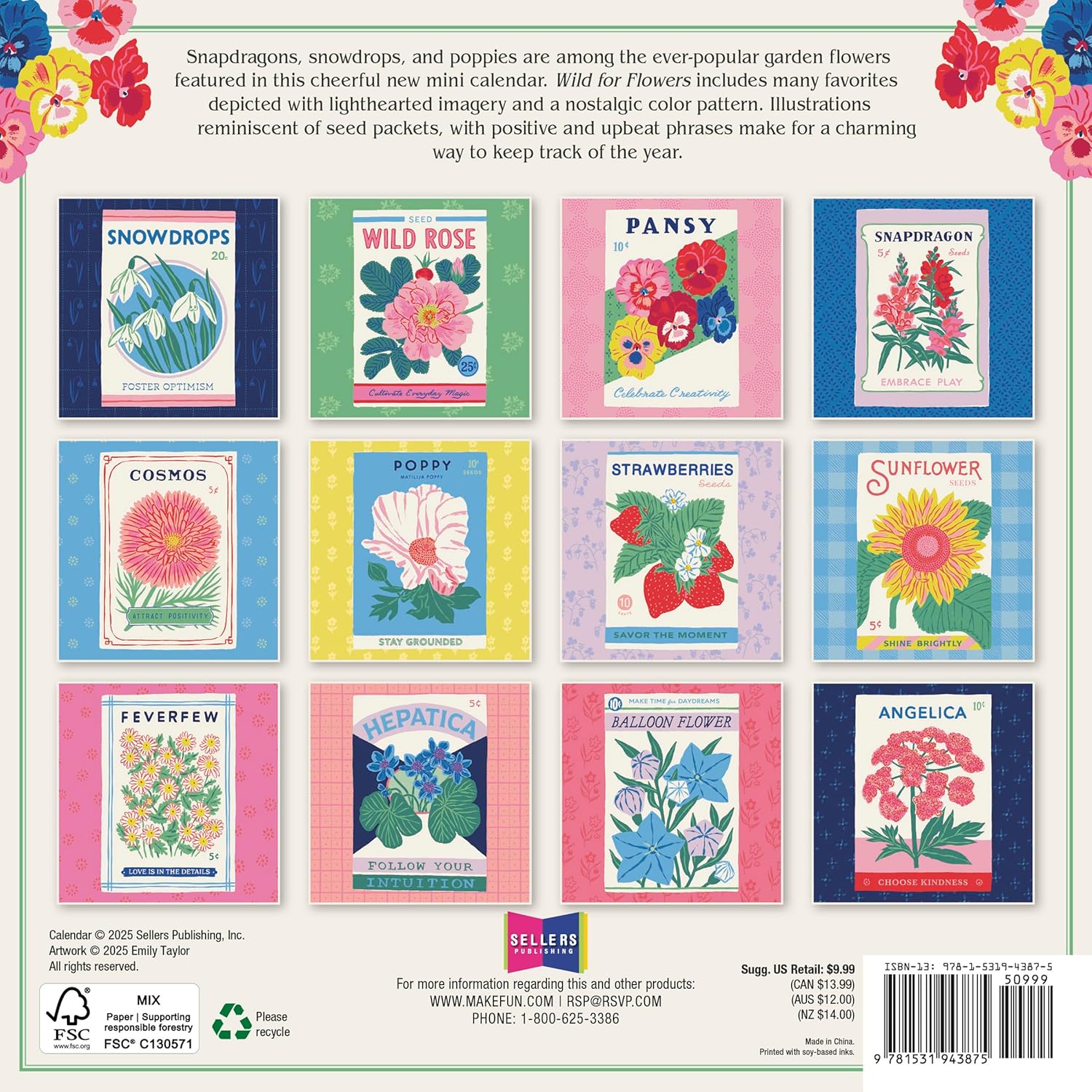 2026 Wild For Flowers 7X7 Mini Wall Calendar - Taylor. Emily 9781531943875_1557b354-72b9-4a71-a62e-118c479a43a1