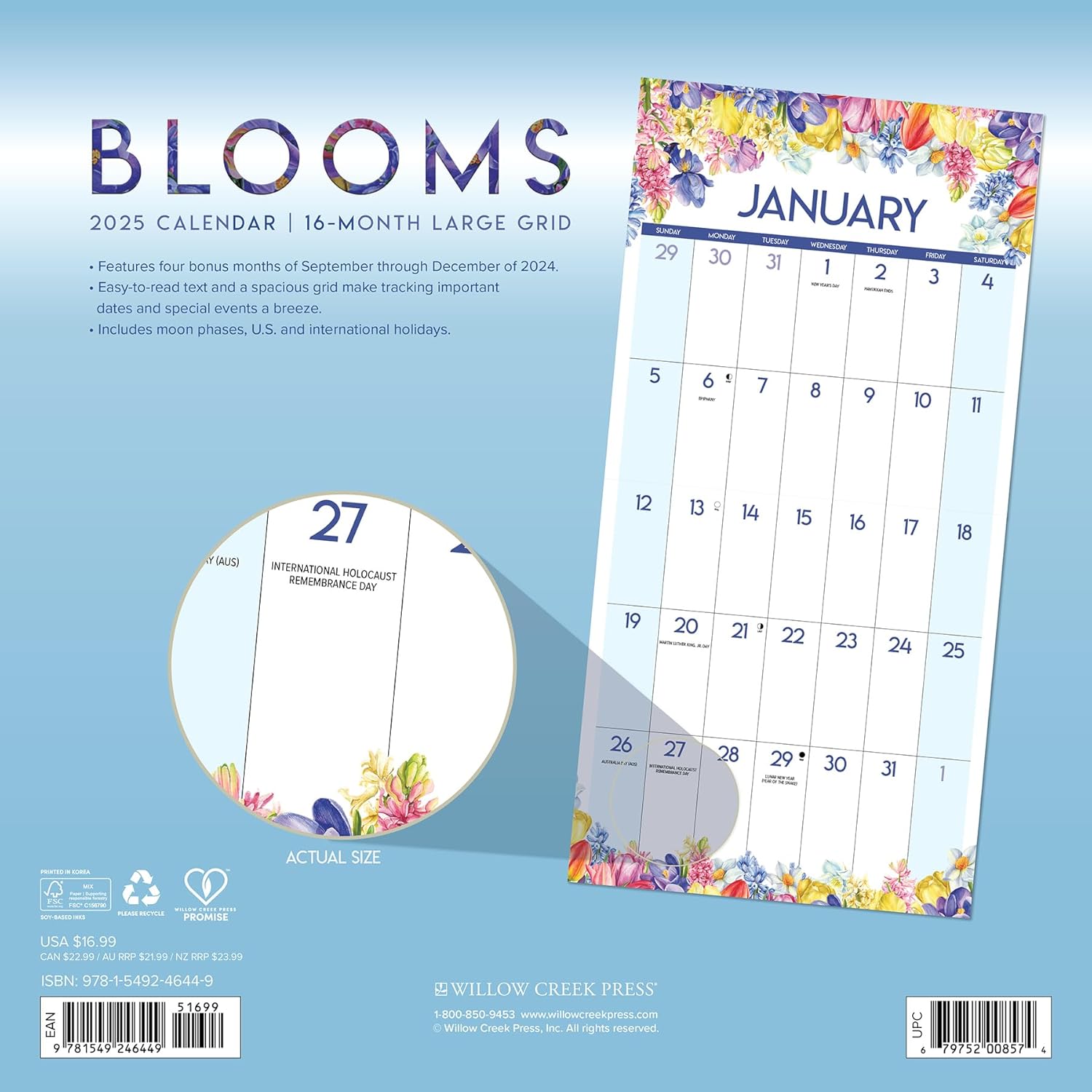 Blooms—Large Grid 2025 Wall Calendar - Willow Creek Press 9781549246449_1