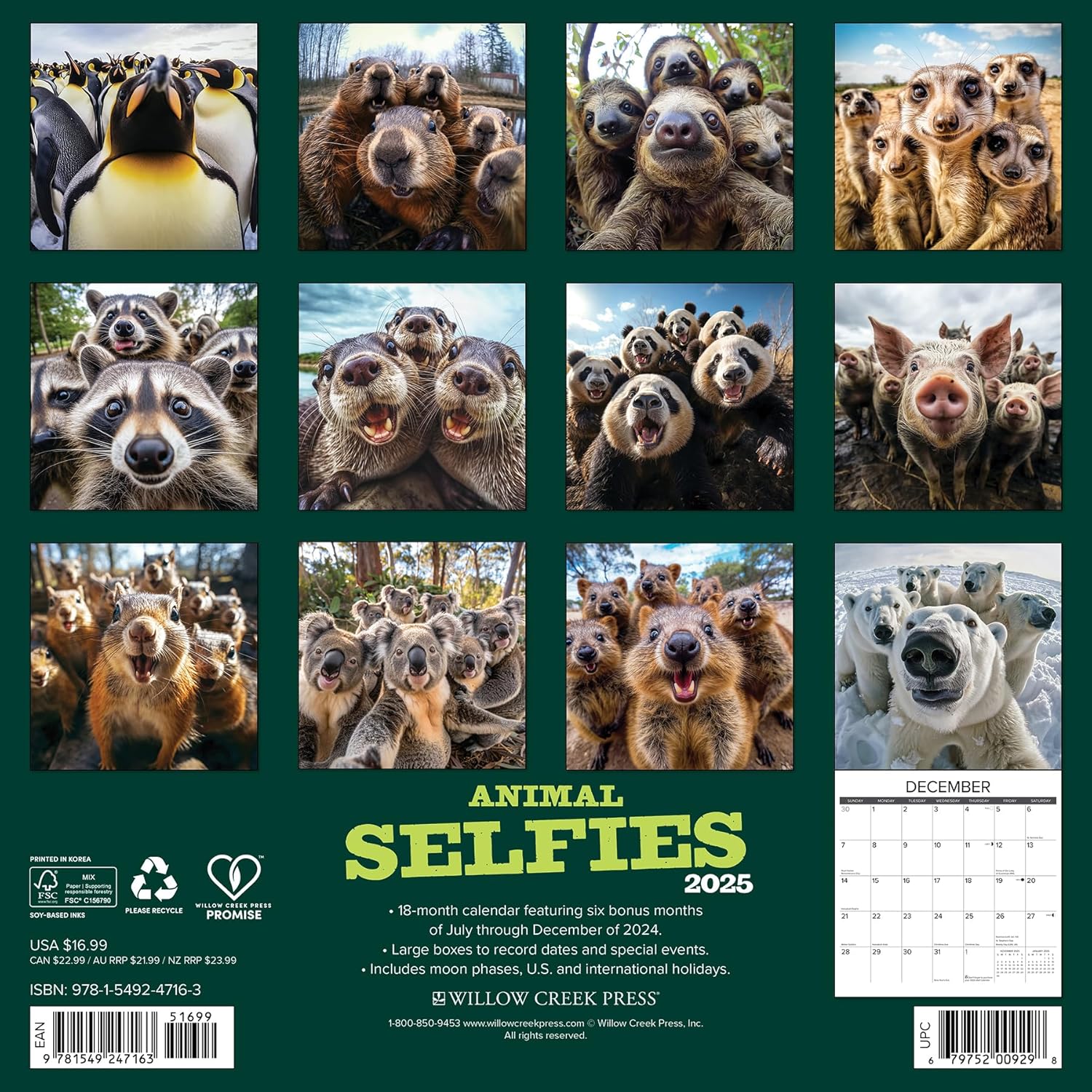 Animal Selfies 2025 Wall Calendar - Willow Creek Press 9781549247163_1