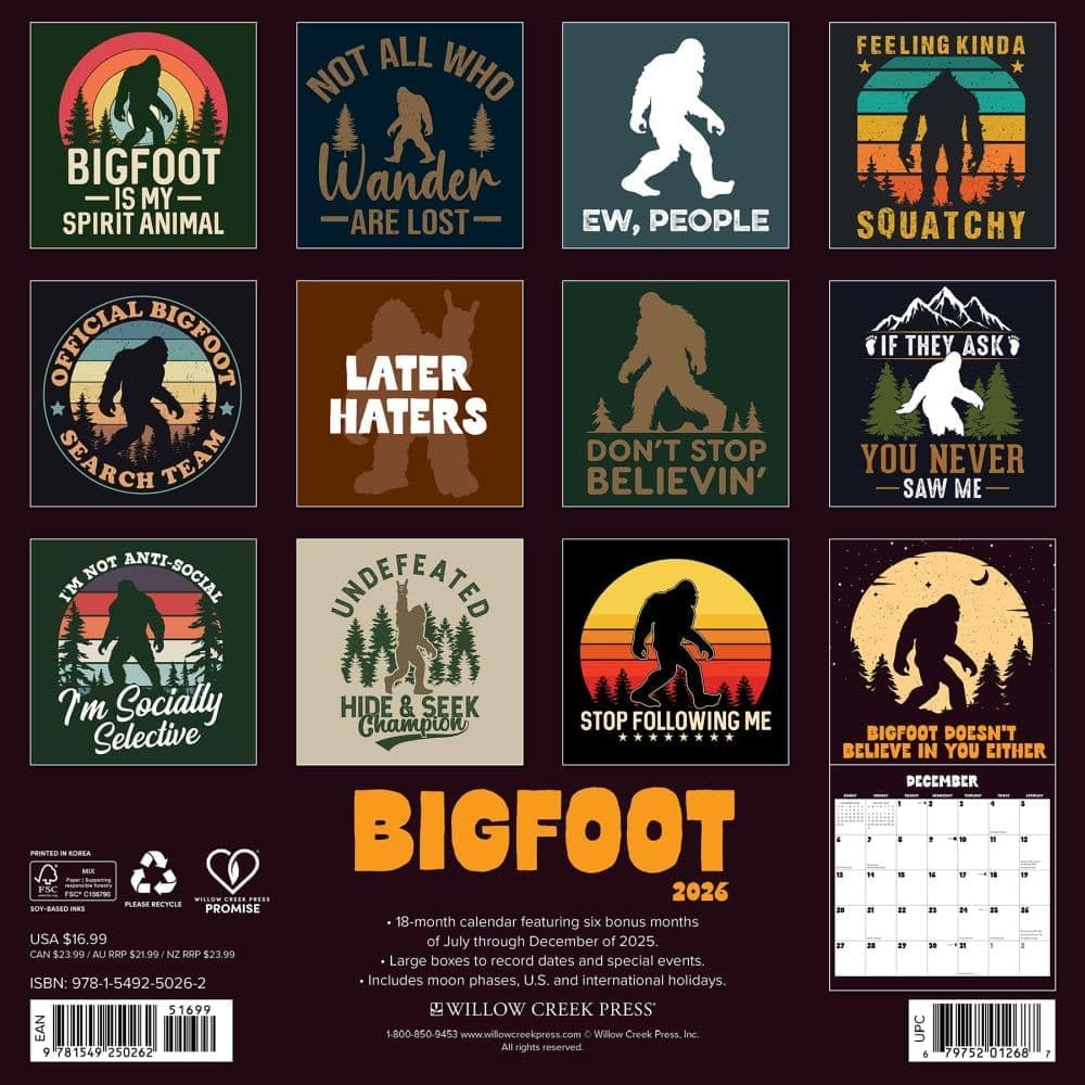 2026 Bigfoot Wall Calendar 9781549250262