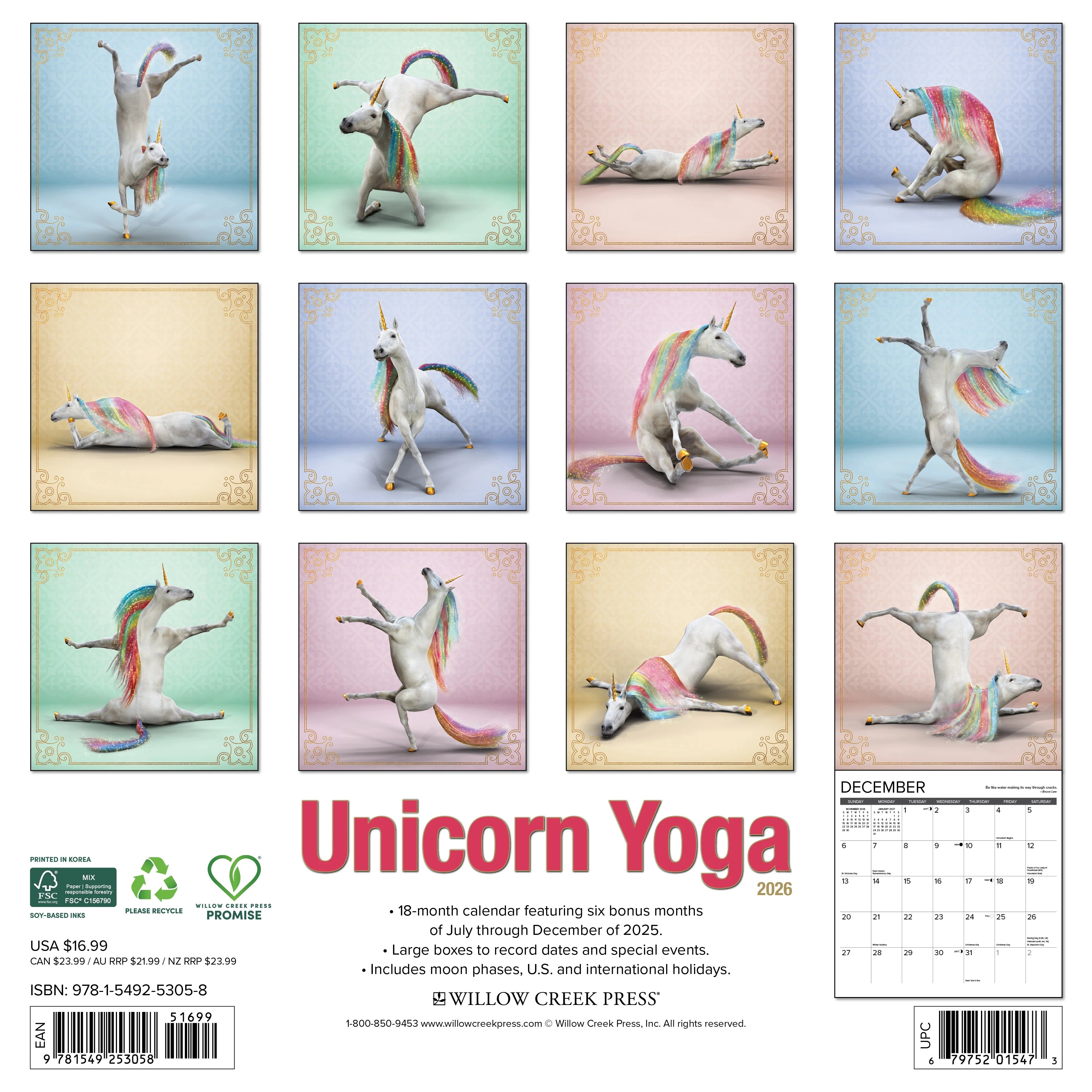 2026 Unicorn Yoga Wall Calendar 9781549253058_abd11620-7ba9-45c7-a8c4-da6dffd65ffe